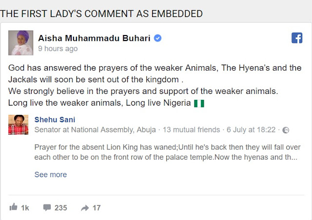 BREAKING: Aisha Buhari Speaks from UK On Buhari's Health, Sends Strong Words To "Hyena's and the Jackals"