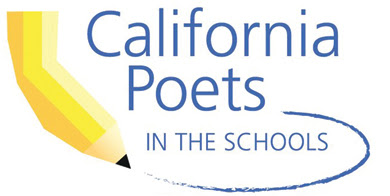 Logo for California Poets in the Schools. Letters are rendered in blue, against a white background. A yellow pencil, drawn in the shape of the state of California, is shown to the left of the lettering. A broken blue gradient from its tip blends into a circular flourish around the words 'in the Schools'