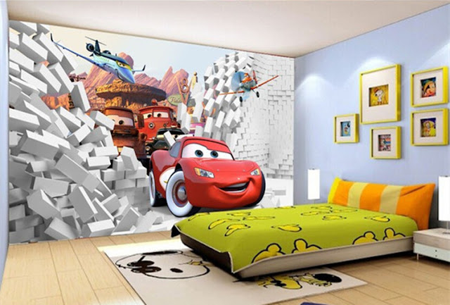 Disney Cars Wall Mural 3D Wallpaper Sticker Cars planes Brick Wall breaking through wall children room kids bedroom