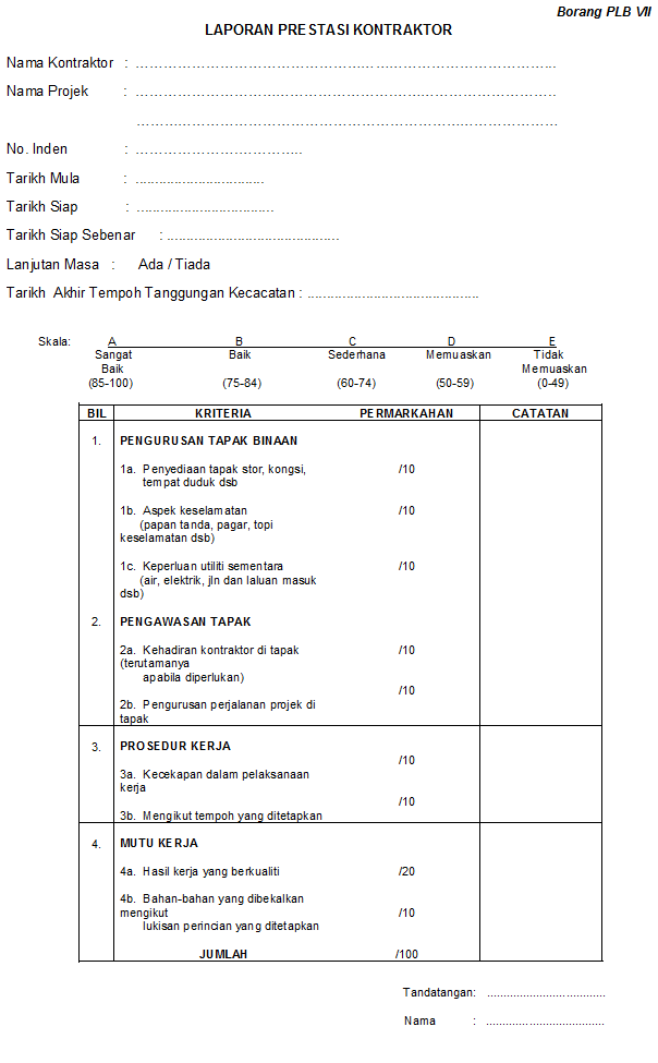 EKkit: BORANG PLB VII - PENILAIAN PRESTASI KONTRAKTOR