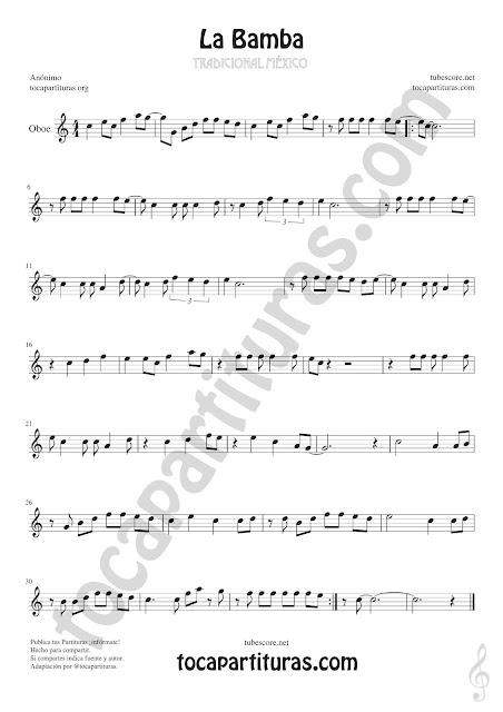  Oboe Partitura de La Bamba Sheet Music for Oboe Music Score