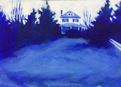 Acrylic landscape painting of old farm house surrounded by overgrown trees by Maryland artist Barb Mowery