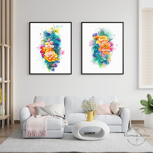 With three beautiful, colorful paintings that are high quality and printable up to 28x40 inches at 300ppi, you can enjoy these large prints in your home or office. Featuring unique wild flowers, each painting showcases elegant and artistic watercolor strokes, all set against a crisp white background. These digital paintings are truly one-of-a-kind, perfect for adding a touch of sophistication and beauty to any space. Get your hands on this unique triptych today!