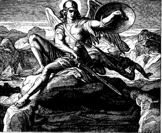 يتنافس الشيطان (أسفل اليمين) مع مايكل رئيس الملائكة على جسد موسى ( يهوذا 9 ) ، يوليوس شنور فون كارولزفيلد ، 1860.