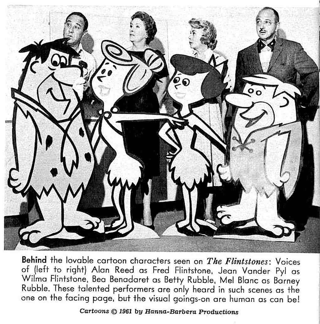 Hanna Barbera animation Flintstones voice actors 1961, Mel Blanc, Alan Reed, a photograph,