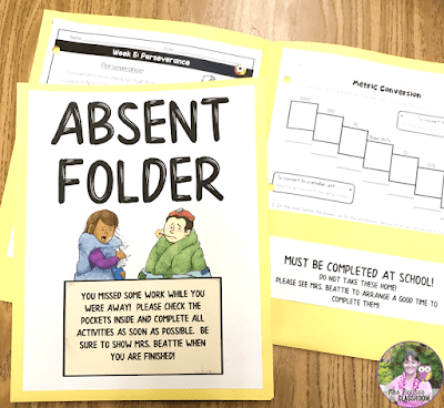 Photo of classroom Absent Folders with one open to show inside pockets.