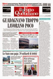 Il Fatto Quotidiano del 7 Gennaio 2012 | ISSN 2037-089X | TRUE PDF | Quotidiano | Cronaca | Politica
Il quotidiano è edito dal 23 settembre 2009. L'uscita del giornale è stata preceduta da una lunga fase preparatoria iniziata il 28 maggio 2009 con l'annuncio del nuovo quotidiano dato sul blog voglioscendere.it da Marco Travaglio.
Il nome della testata è stato scelto in memoria del giornalista Enzo Biagi, conduttore del programma televisivo Il Fatto, mentre il logo del bambino con il megafono si ispira al quotidiano La Voce, in omaggio al suo fondatore Indro Montanelli.
L'editore ha manifestato la volontà di rinunciare ai fondi del finanziamento pubblico per l'editoria e di sovvenzionarsi soltanto con i proventi della pubblicità e delle vendite, e di usufruire solo delle tariffe postali agevolate per i prodotti editoriali sino alla loro abrogazione nell'aprile 2010.