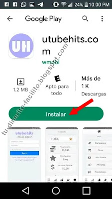 UtubeHits. Visitas a YouTube. Android. Registrar.