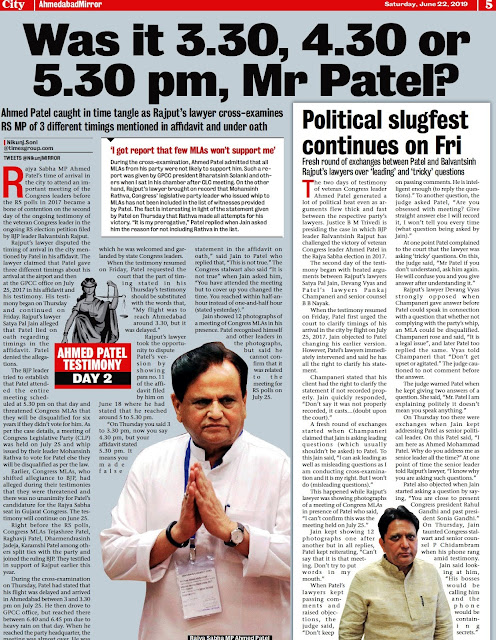 RS POLL CONTROVERSY: 'Ahmed Patel caught in time tangle as Rajput's lawyer Additional Solicitor General Satya Pal Jain cross-examines RS MP of 3 different timings mentioned in affidavit and under oath'