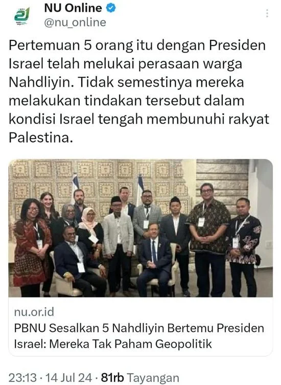 Savic Ali menyesalkan lima Nahdliyin yang bertemu Presiden Israel Isaac Herzog PBNU Sesalkan 5 Nahdliyin Bertemu Presiden Israel: Mereka Tak Paham Geopolitik