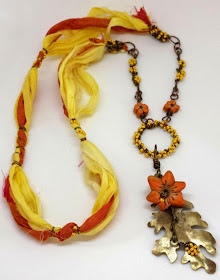 Beed Peeps Swap 'n Hop ~ flowers by Elaine Robataille, brass leaf by Marie Covert, brass branch, wire wrapping, copper, sari silk, forsythia wreath, ooak necklace :: All Pretty Things