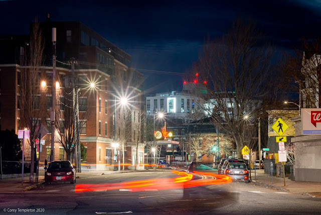December 2020 photo by Corey Templeton. A morning on Congress Street, looking west towards Maine Medical Center Portland, Maine.