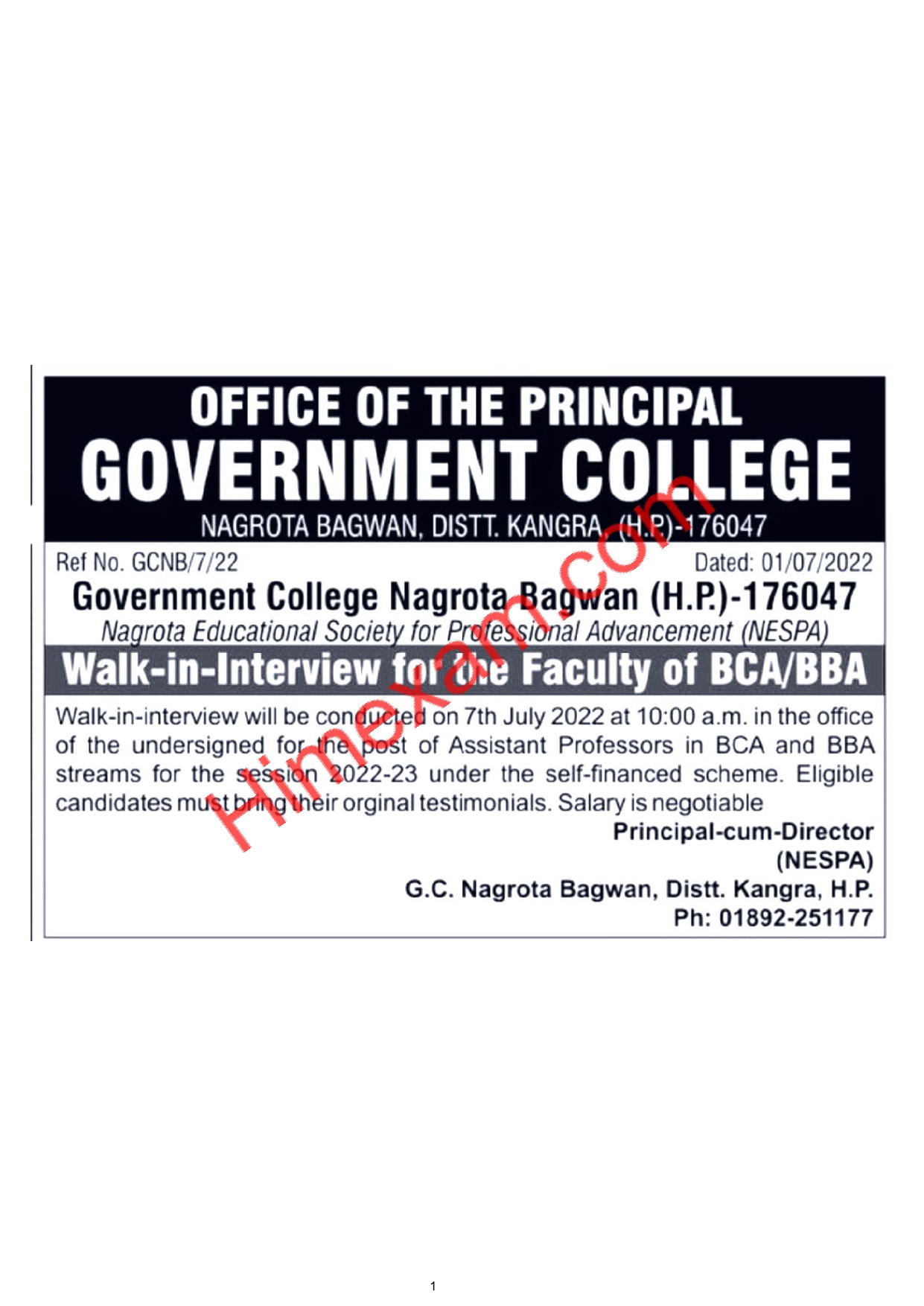 Government College Nagrota Bagwan Teaching Staff Recruitment 2022