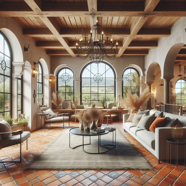 modern living room with rustic Tuscan decor