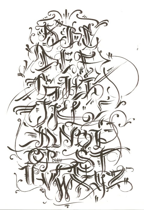 Graffiti Alphabet Calligraphy in Several Design Sketches Letters A - Z