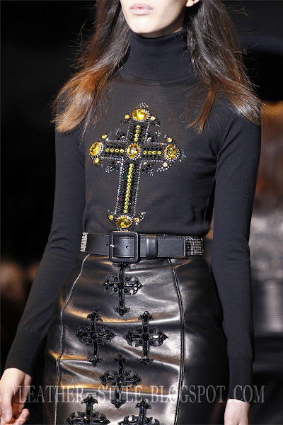 velvet blouse, leather skirt, boots, top model, Kate King, leather style, Versace, fashion brand, collection
