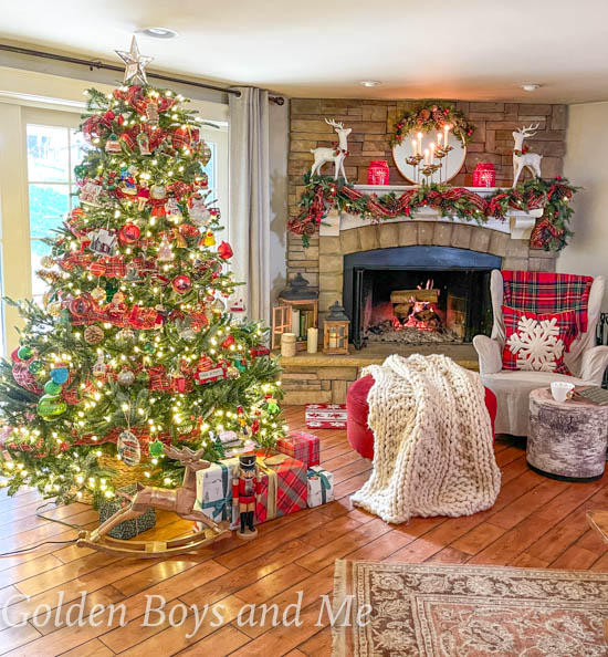 Balsam Hill European Fir Christmas tree in family room with stone fireplace - www.goldenboysandme.com