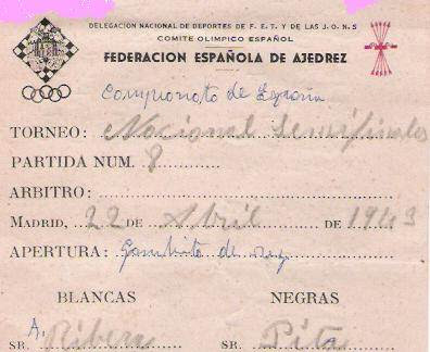 Planilla para la anotación de las partidas del Torneo Nacional de Ajedrez 1943