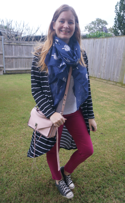 black and white striped maxi cardigan with blue scarf magenta jeans blush pink Darren bag | awayfromtheblue