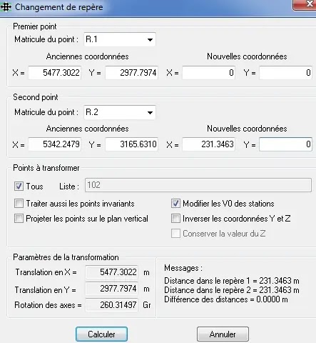 éditeur de GéoBases, menu, Cov. Calculs, barre de menu, Géobase, élémstation, référence, mesure, point, commentaire, code des points, topographiques, calculs topométriques