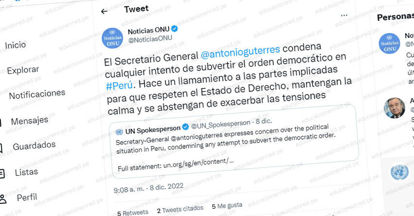 ONU: Secretario general de las Naciones Unidas insta a «defender el estado de derecho» en Perú