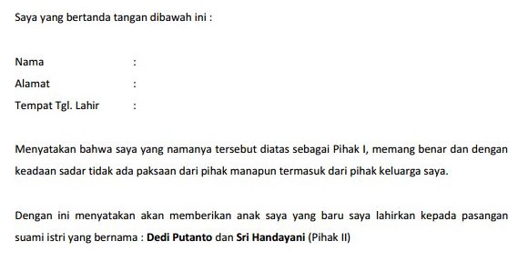 Contoh Surat Perjanjian Adopsi Serah Terima Anak Kandung 