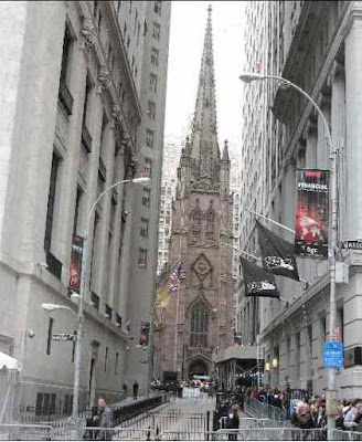 Front of Trinity Church viewed down Wall Street