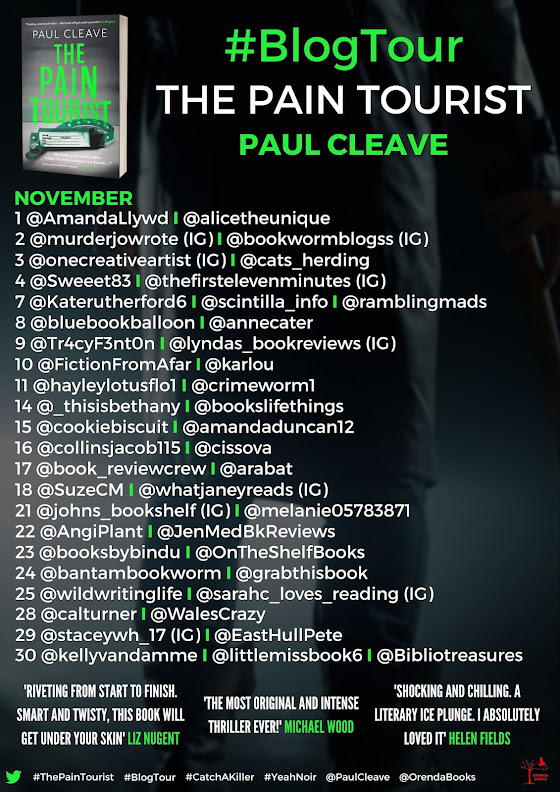 Blogtour poster for The Pain Tourist by Paul Cleave, setting out the names of blogs taking place.