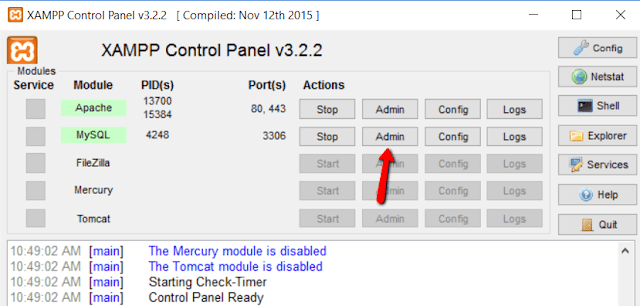 launch PHPMyAdmin from your XAMPP control panel