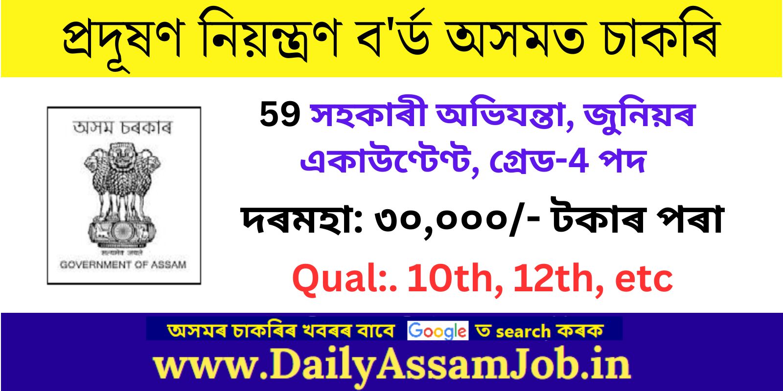 Pollution Control Board Assam Recruitment 2023 FOR 59 Assistant  Engineer, Jr Accountant, Grade-IV Vacancy
