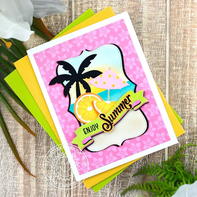 Sunny Studio Stamps: Limitless Label Die Focused Summer Card by Cathy Chapdelaine (featuring Brilliant Banner Dies, Fresh Lemon Dies, Summer Jar Mug Dies, Tropical Trees Backdrop Dies, Stitched Rectangles Dies)