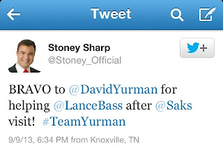Tweet from @Stoney_Official: BRAVO to @DavidYurman for helping @LanceBass after @Saks visit. #TeamYurman