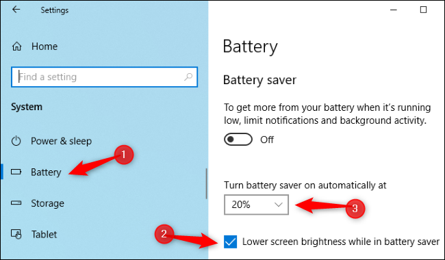 إعدادات سطوع Battery Saver في تطبيق إعدادات Windows 10.