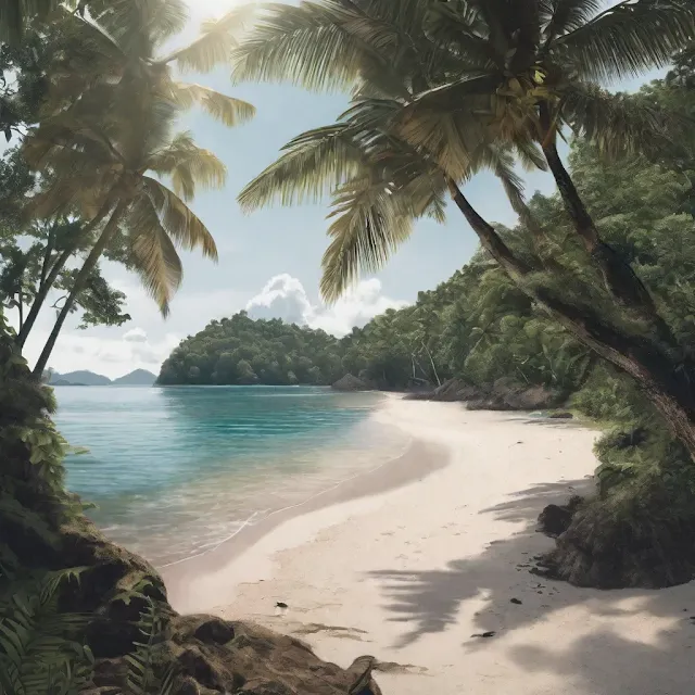 Playa en una isla tropical, palmeras, mar, imagen relajante