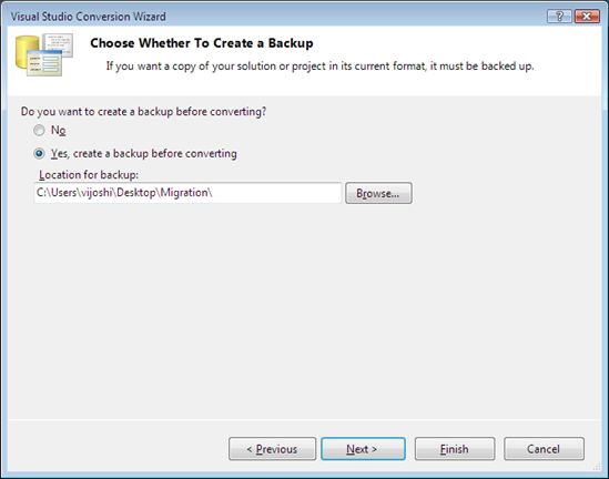 VS conversion wizard back up option