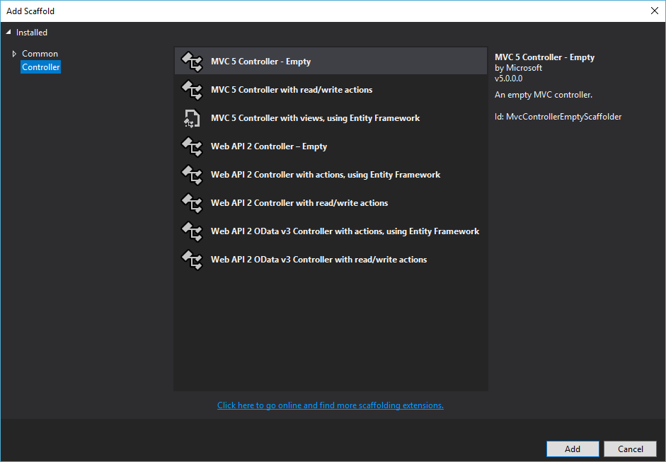 Select "MVC 5 Controller - Empty"