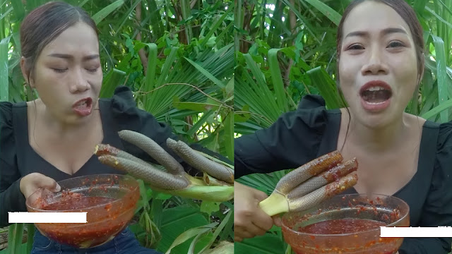 Amazing eating young palm flowers with her chili sauce with talkative mouth!