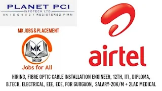 Bharti Airtel Ltd Urgent Requirements Fiber Optic Splicer & Installation Engineer, Maintenance Engineer , for ITI/ Diploma/ B. Tech Candidates