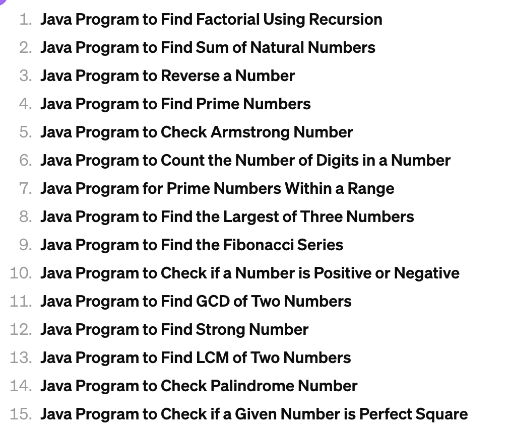 java number programs