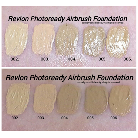 Revlon Photoready Airbrush Effect Foundation Swatches of Shades 002 Vanilla, 003 Shell, 004 Nude, Beige, 005 Natural Beige, 006 Medium Beige,