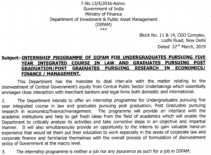 INTERNSHIP PROGRAMME OF DIPAM FOR UNDERGRADUATES PURSUING FIVE YEAR INTEGRATED COURSE IN LAW AND GRADUATES PURSUING POST GRADUATION - last date 11/04/2019