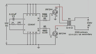 Inverter 12v ke 220v Sederhana Menggunakan IC cd 4047 dan Mosfet irf z44n