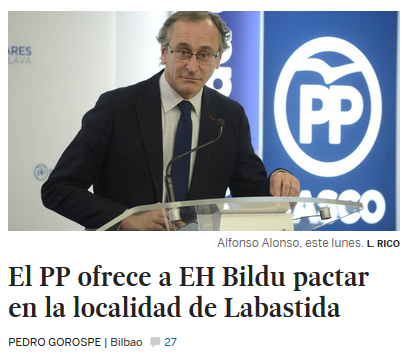 Foto de Alfonso Alonso y titular: El PP ofrece a EH Bildu pactar en la localidad de Labastida