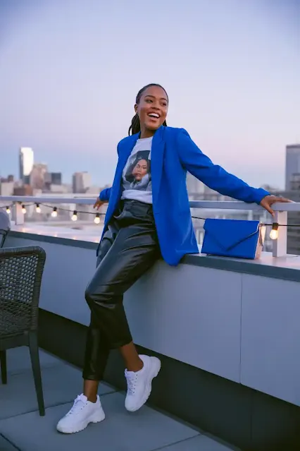 Cobalt Blue Blazer + Graphic Tee + Leather Pants