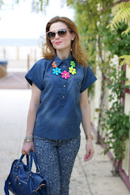 Zara denim shirt, daisy neon necklace, Fashion and Cookies