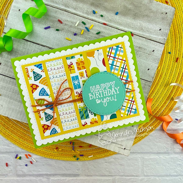 Birthday Card by Jennifer Jackson | Birthday Party Paper Pad, Birthday Oval Stamp Set and Frames & Flags Die Set by Newton's Nook Designs #newtonsnook #handmade