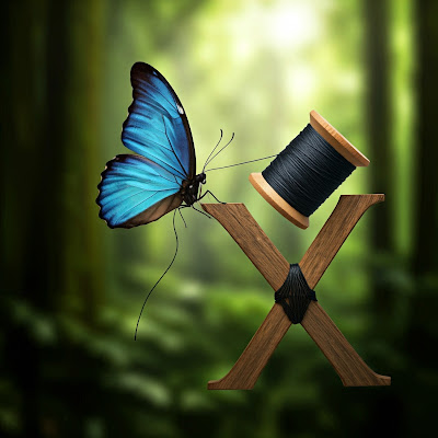 Giant blue winged butterfly carrying off a spool of thread and a bundle of sticks in the form of an X.