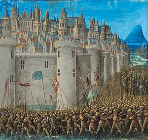 Representación del asedio de Antioquía durante la primera cruzada en una miniatura medieval (Jean Colombe).