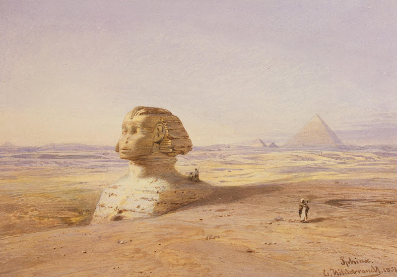 Great Sphinx of Giza with Pyramids in the Background by Eduard Hildebrandt - Landscape Drawings from Hermitage Museum