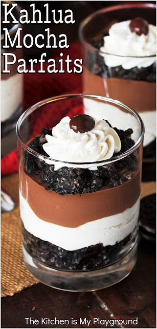 Kahlua Mocha Parfaits ~ With creamy layers of homemade mocha pudding, Kahlua whipped cream, & Kahlua-laced cookie crumbles, these are one perfectly delicious creamy comfort food treat! Whip them up in shot glasses for a fun party treat, or cocktail glasses for a delicious full-sized dessert.  www.thekitchenismyplayground.com